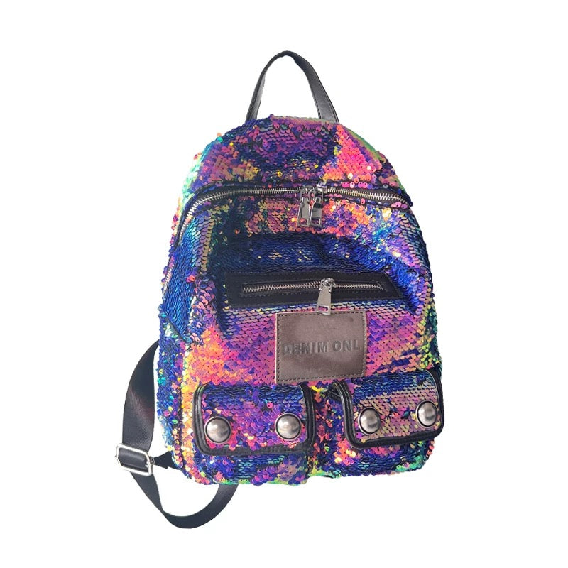 glitter mini back backpacks Baxinier cheerleading backpack with sequins colorful street trend laser bead back large capacity backpack Bright purple