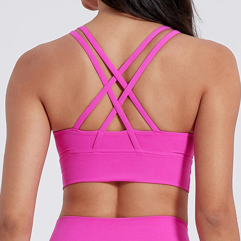 BAXINIER Solid Color Women Cross Back Bra Fitness Underwear Soft Fitness Sport Bra Top Gym Yoga Athletic Workout With Chest Pad