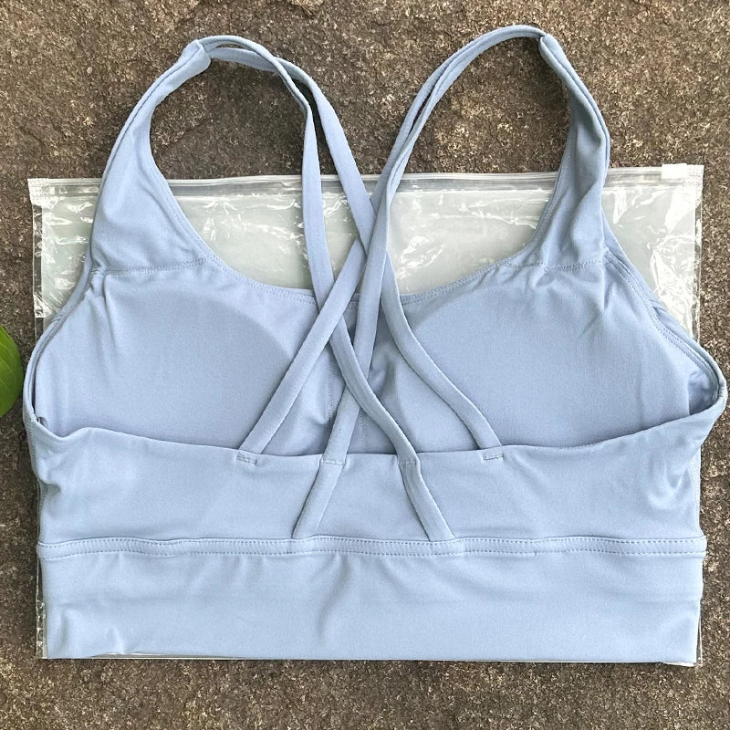 BAXINIER Solid Color Women Cross Back Bra Fitness Underwear Soft Fitness Sport Bra Top Gym Yoga Athletic Workout With Chest Pad