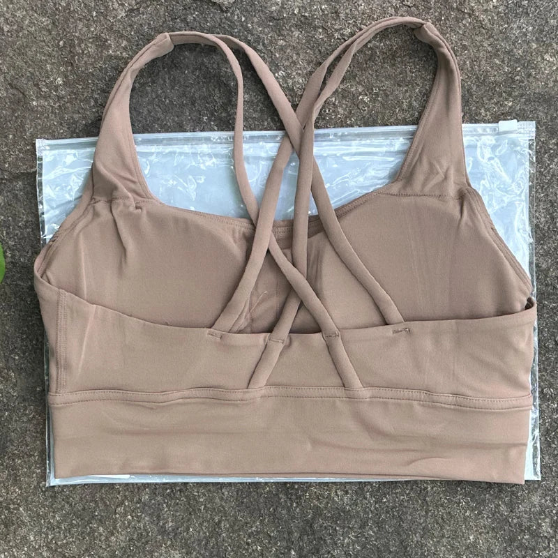 BAXINIER Solid Color Women Cross Back Bra Fitness Underwear Soft Fitness Sport Bra Top Gym Yoga Athletic Workout With Chest Pad