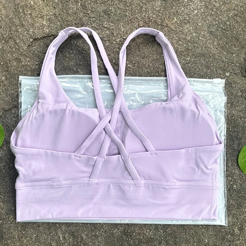 BAXINIER Solid Color Women Cross Back Bra Fitness Underwear Soft Fitness Sport Bra Top Gym Yoga Athletic Workout With Chest Pad