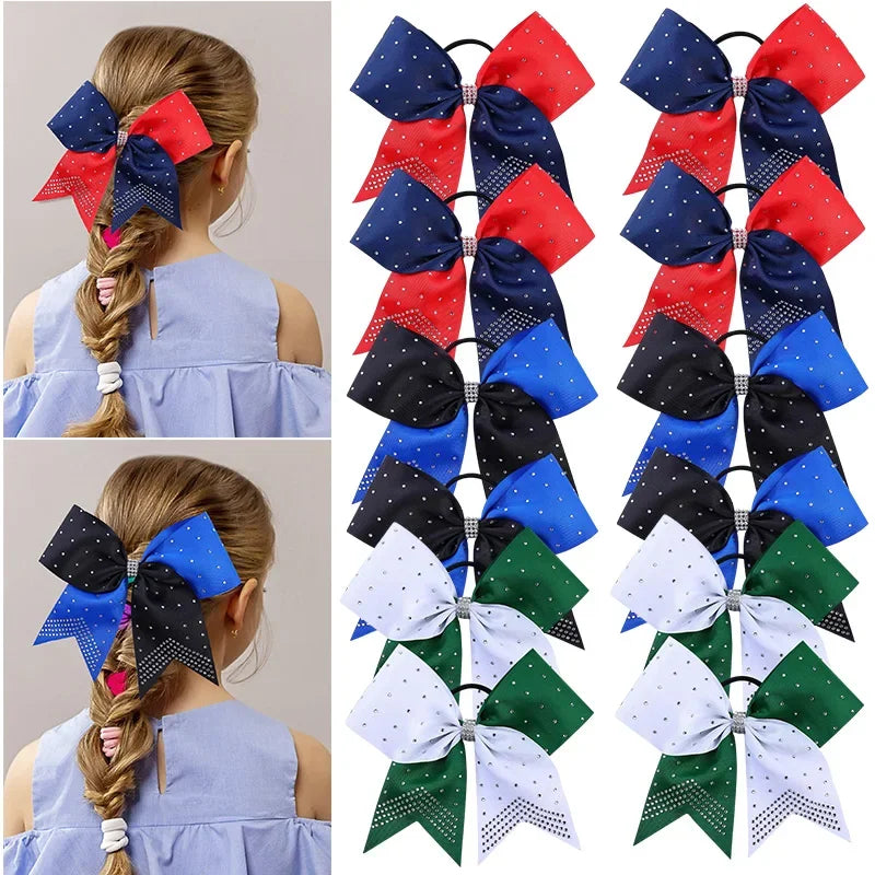 BAXINIER 12Pcs/set New 8" Cheer Bow For Women Girls Grosgrain Ribbon Hair Rope Hair Ties Elastic Rubber Band Girl Pigtail Holder