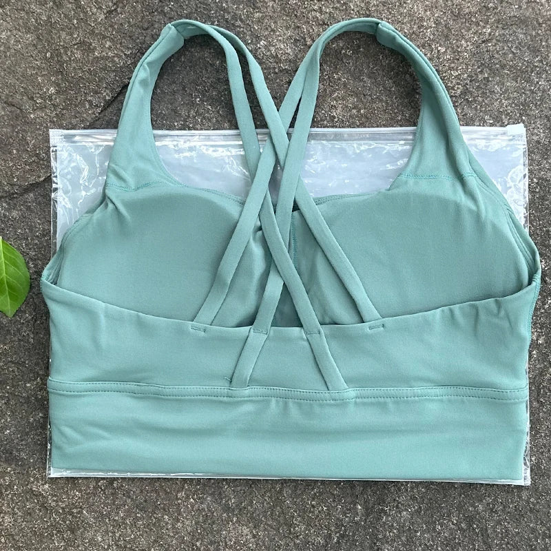 BAXINIER Solid Color Women Cross Back Bra Fitness Underwear Soft Fitness Sport Bra Top Gym Yoga Athletic Workout With Chest Pad