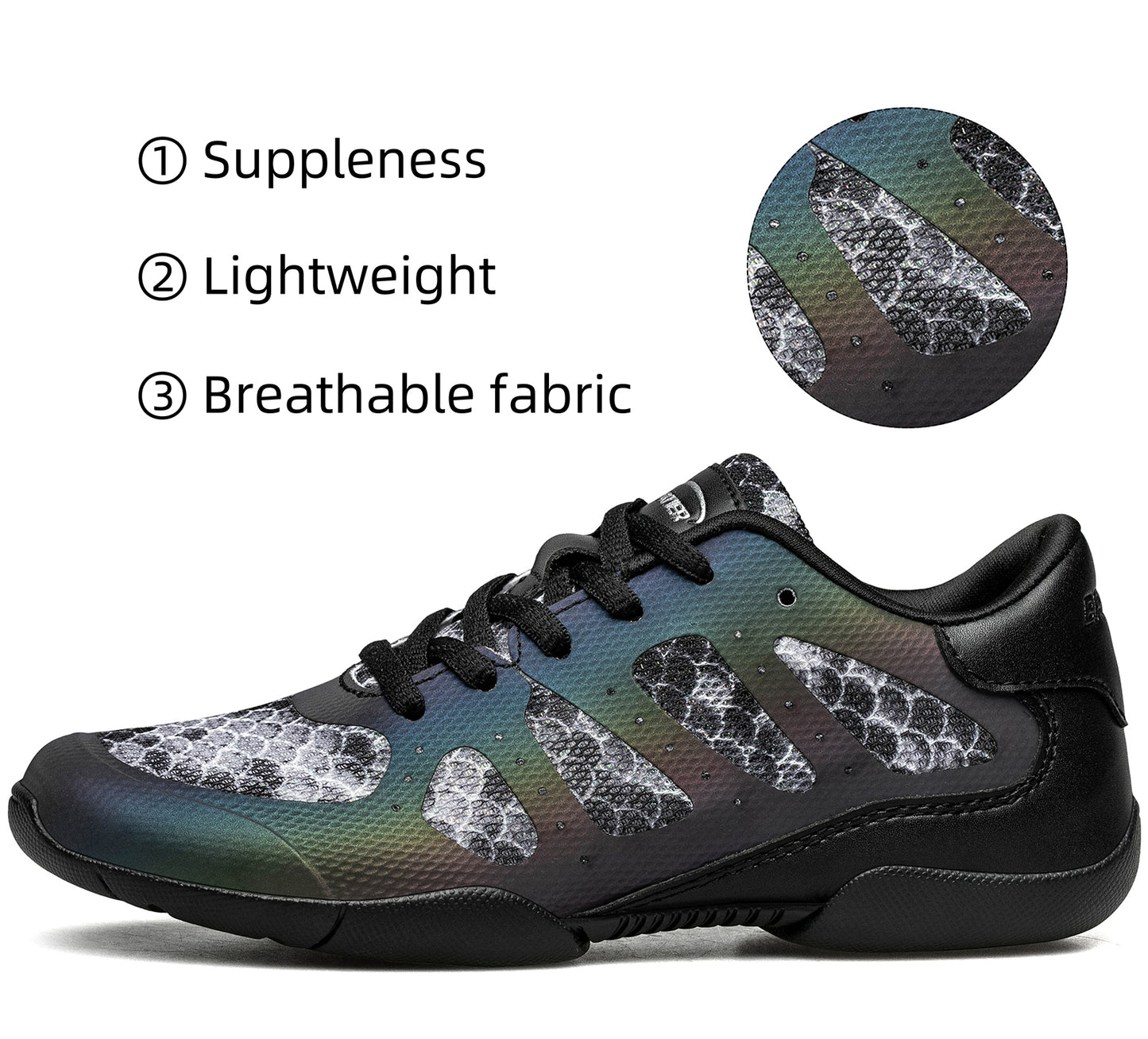 BAXINIER Sapatos de torcida pretos para meninas Sapatos de dança para líderes de torcida Sapatos de tênis de treinamento Sapatos esportivos de competição para jovens