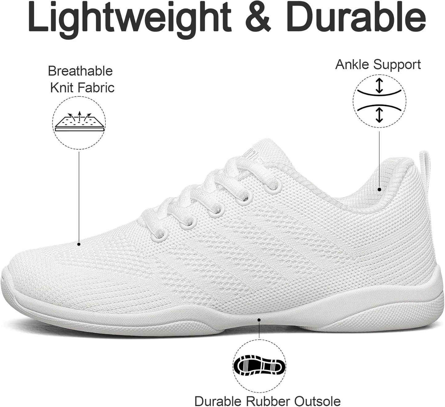 BAXINIER Girls Wide Cheer Shoes Toddler White Cheerleading Shoes Lightweight Youth Competition Training Dance Tennis Sneakers