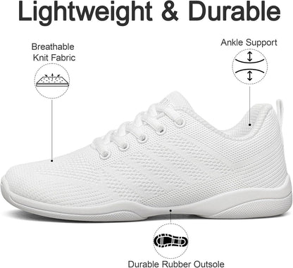 BAXINIER Girls Wide Cheer Shoes Toddler White Cheerleading Shoes Lightweight Youth Competition Training Dance Tennis Sneakers