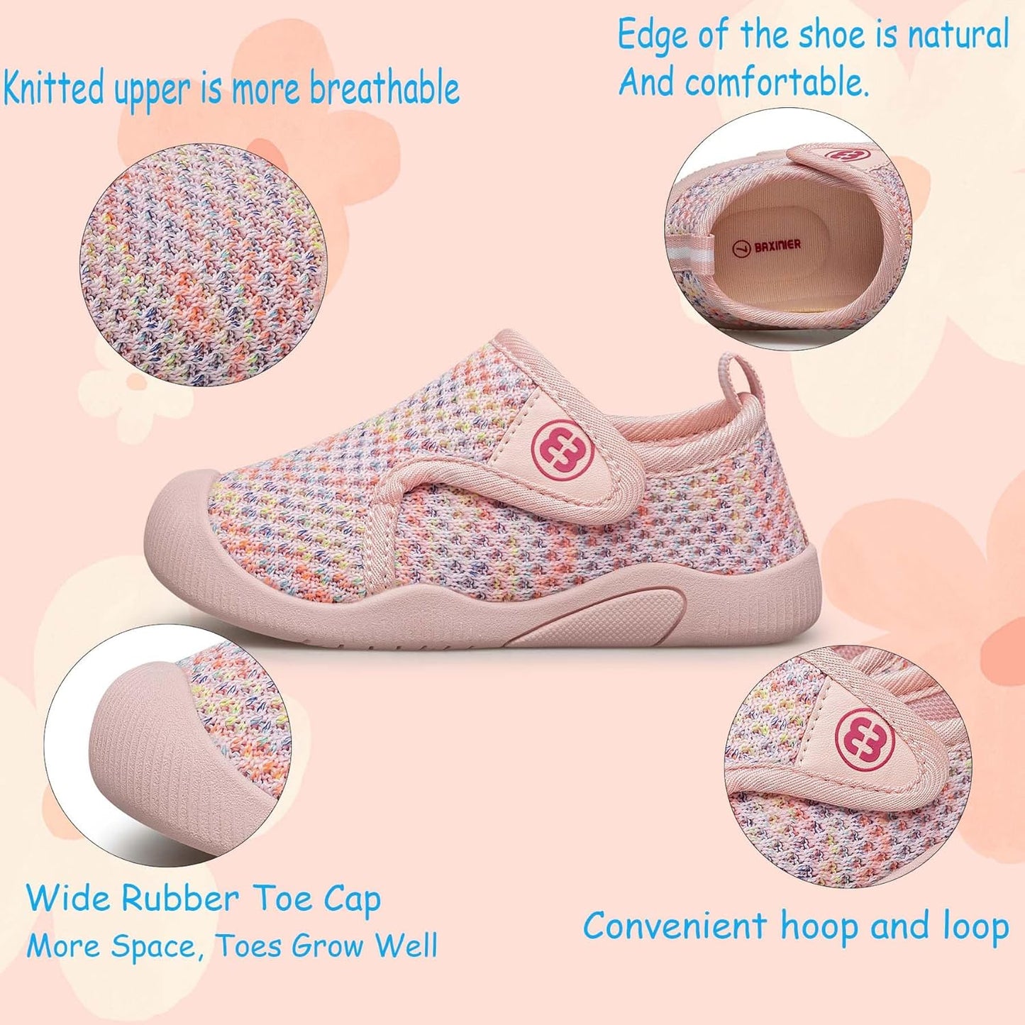 BAXINIER Toddler Tennis Shoes Boys Girls Lightweight Breathable Barefoot Shoes Wide Kids Slip On Sneakers