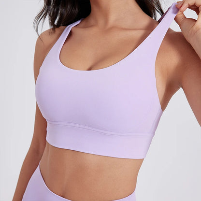 BAXINIER Solid Color Women Cross Back  Bra Fitness Underwear Soft Fitness Sport Bra Top Gym Yoga Athletic Workout With Chest Pad